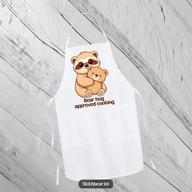 Funny Apron with a kawaii sloth bear character hugging a fuzzy teddy bear, making kitchen activities more heartwarming and fun.