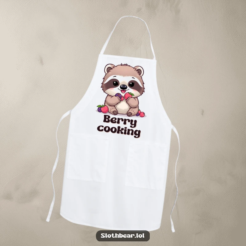 Funny kawaii sloth bear apron showing a cute character happily munching digital berries, perfect for kitchen humor.