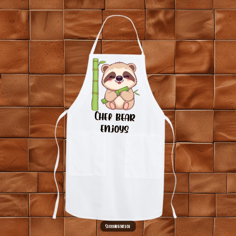 Funny sloth bear apron showing a gentle bear with a smile munching on a juicy bamboo stalk, for tranquil cooking.