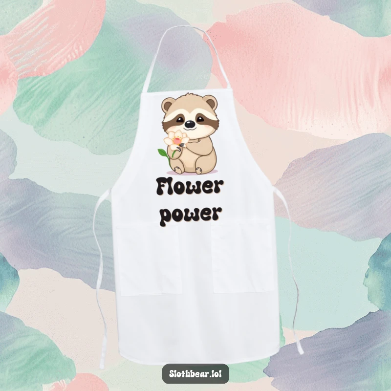 Funny sloth bear apron showing a paw gently touching a flower petal, adding artistic humor to kitchen wear.