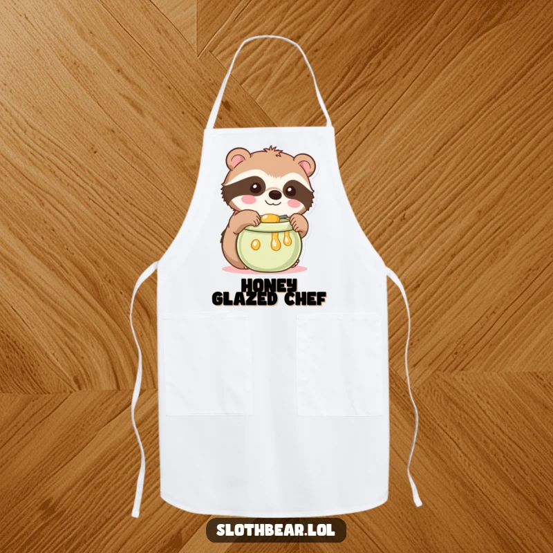 Funny Kawaii Sloth Bear Apron showing a cute bear reaching for honey, great for a funny kitchen gift and sweet cooking.