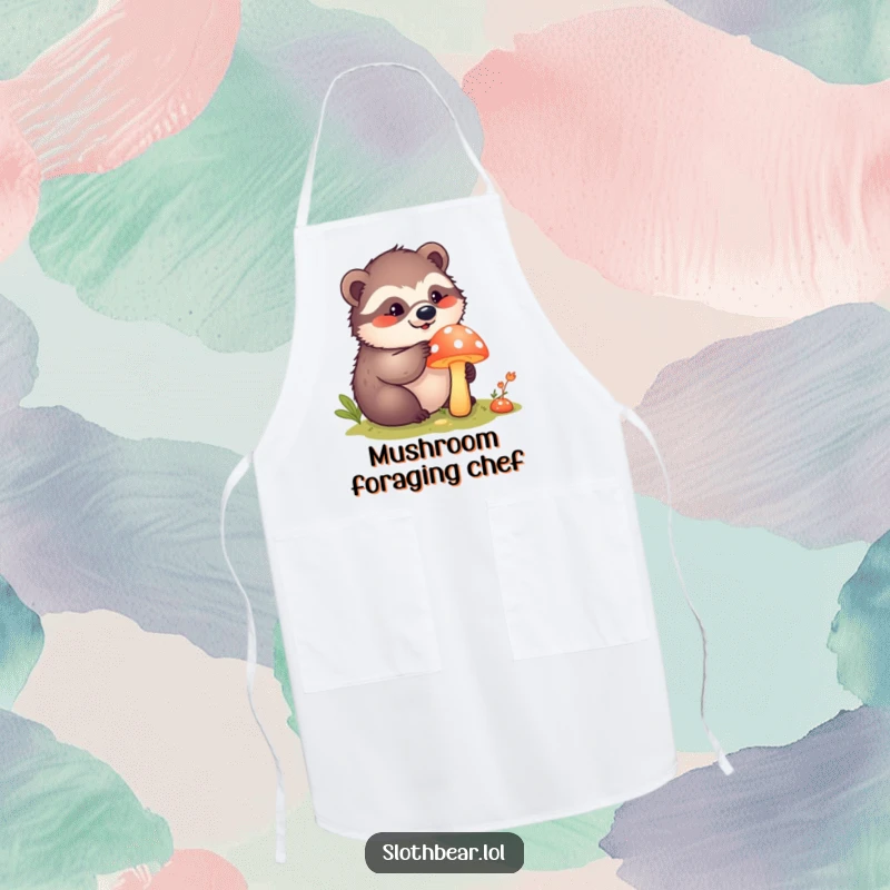Funny kawaii sloth bear curiously poking a bright mushroom on a cute kitchen apron, inspiring kitchen experiments.