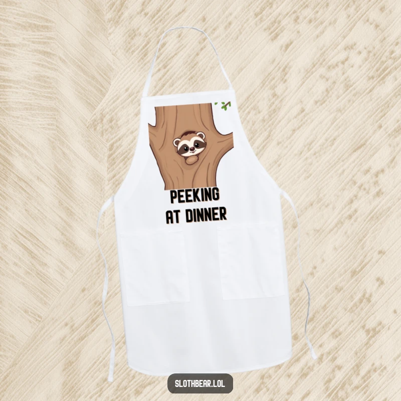 Funny kitchen apron: A kawaii sloth bear character curiously peeking from behind a large tree, adding playful mystery to the kitchen.
