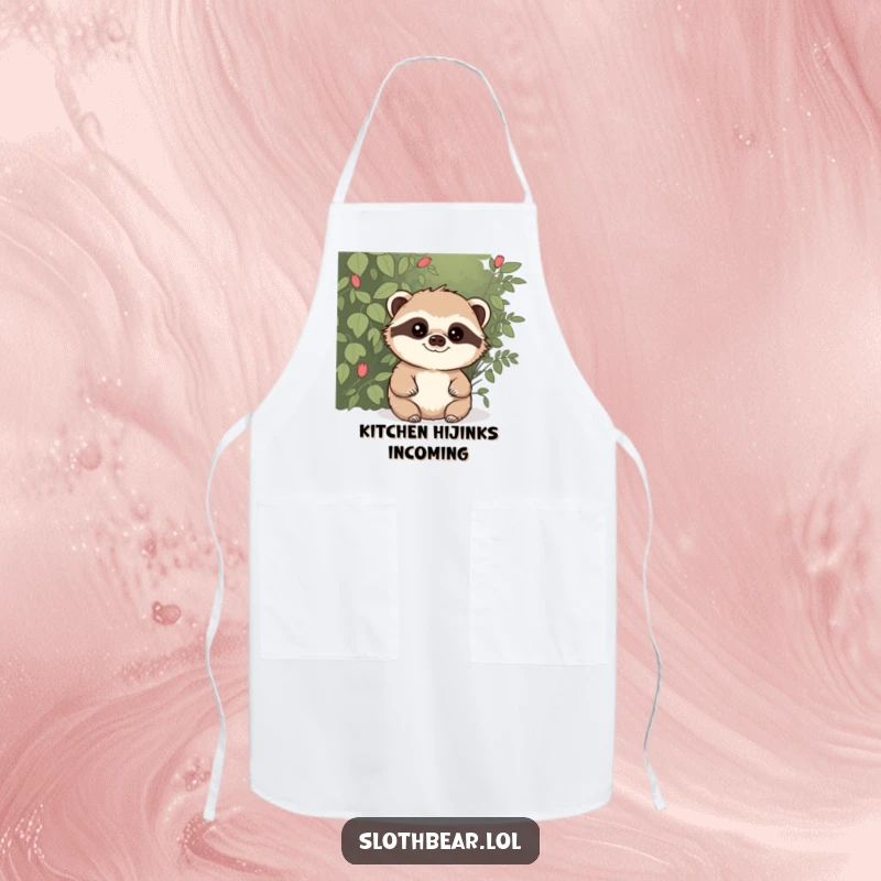 Funny apron showcasing a sloth bear with a mischievous glint, peeking from behind a bush, ideal for kitchen tasks with a humorous, playful theme.