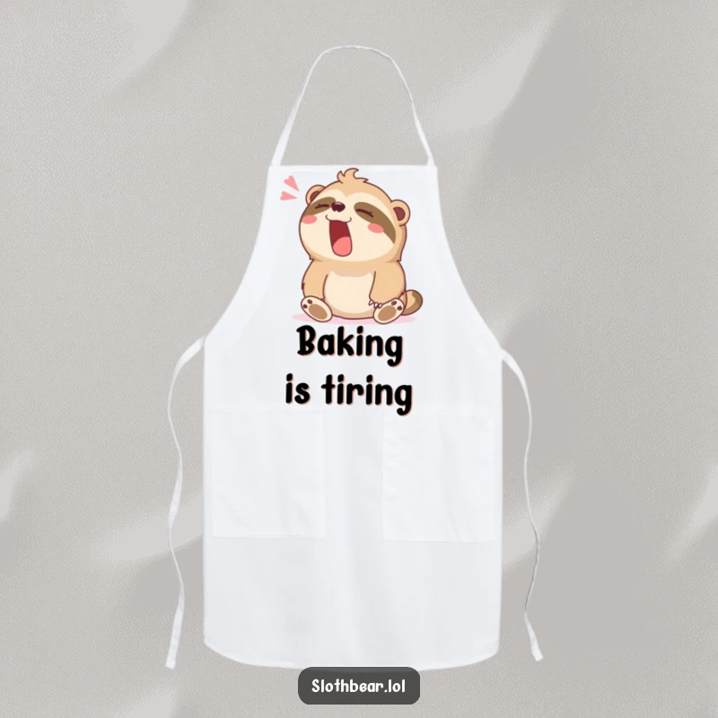 Funny apron depicting a sloth bear character yawning widely with a contented sigh, ideal for relaxed cooking.