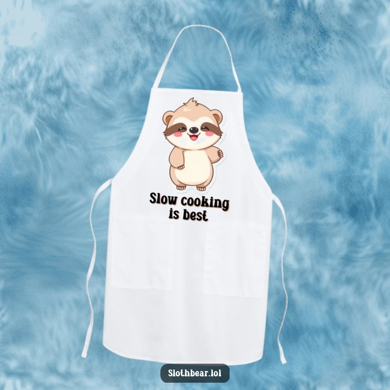 Funny Apron with a kawaii sloth bear doing a lazy, joyful wiggle, making cooking and baking more enjoyable and fun.