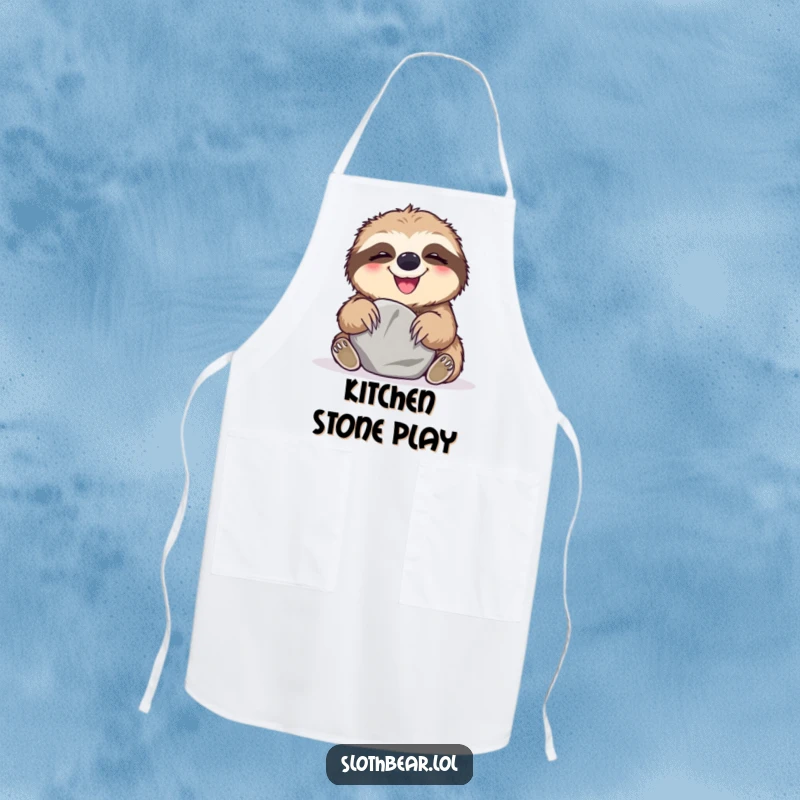 Funny Apron featuring a sloth bear giggling while playing with a smooth stone, adding playful humor to the kitchen.