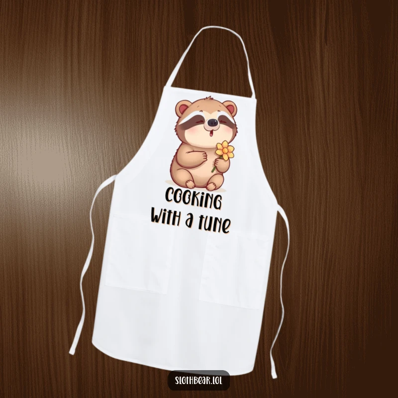Funny Apron featuring a sloth bear humming softly while holding a flower, adding musical humor to the kitchen.