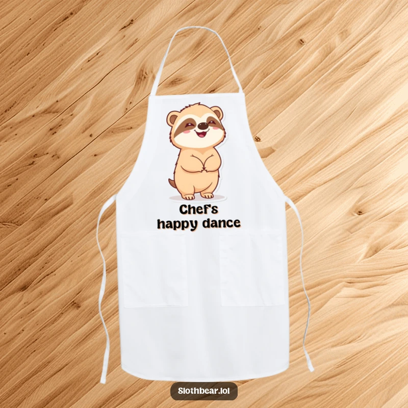 Funny sloth bear standing on its hind legs, looking pleased, featured on a humorous apron for kitchen fun.
