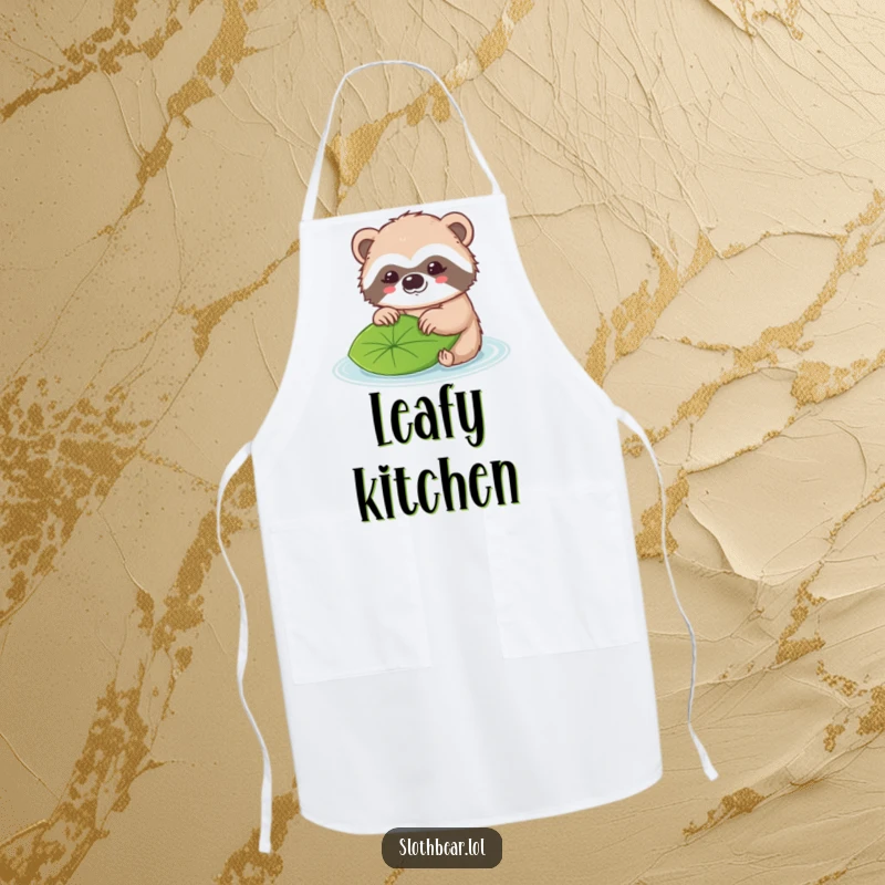 Funny apron decorated with a kawaii sloth bear character gently nudging a leaf as it floats along.