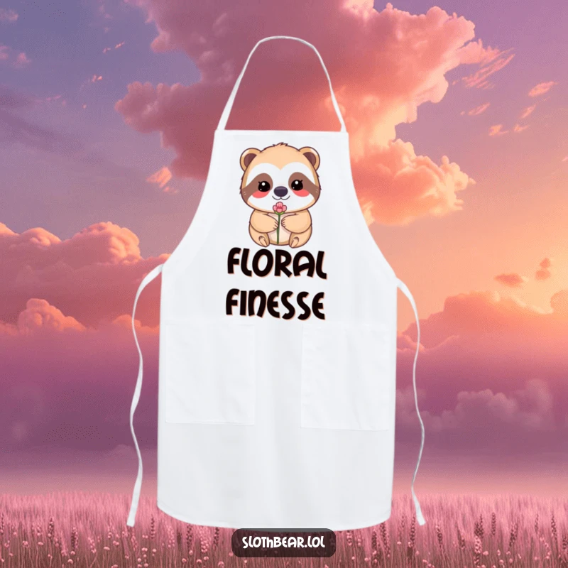 Funny apron decorated with a kawaii sloth bear character gently balancing a small flower bud on its nose.