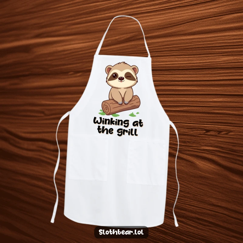 Funny Sloth Bear Apron with a winking character sitting on a log, adding a playful and humorous touch to cooking.