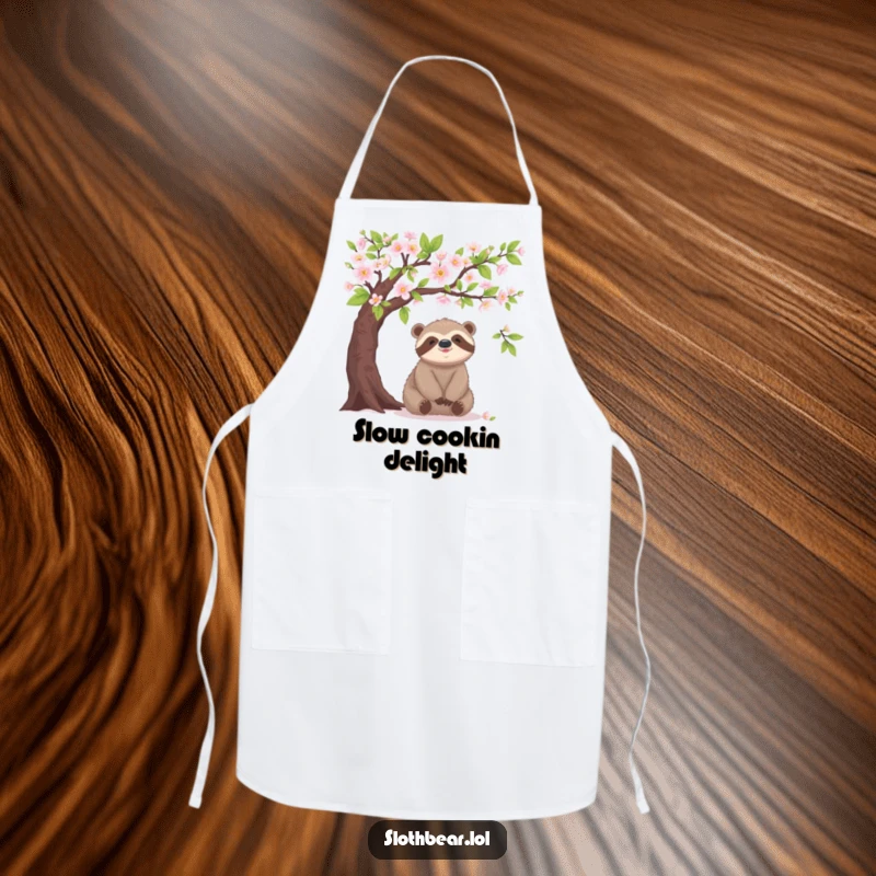 Funny sloth bear apron, under blooming tree, peaceful, kitchen humor, nature cooking accessory.