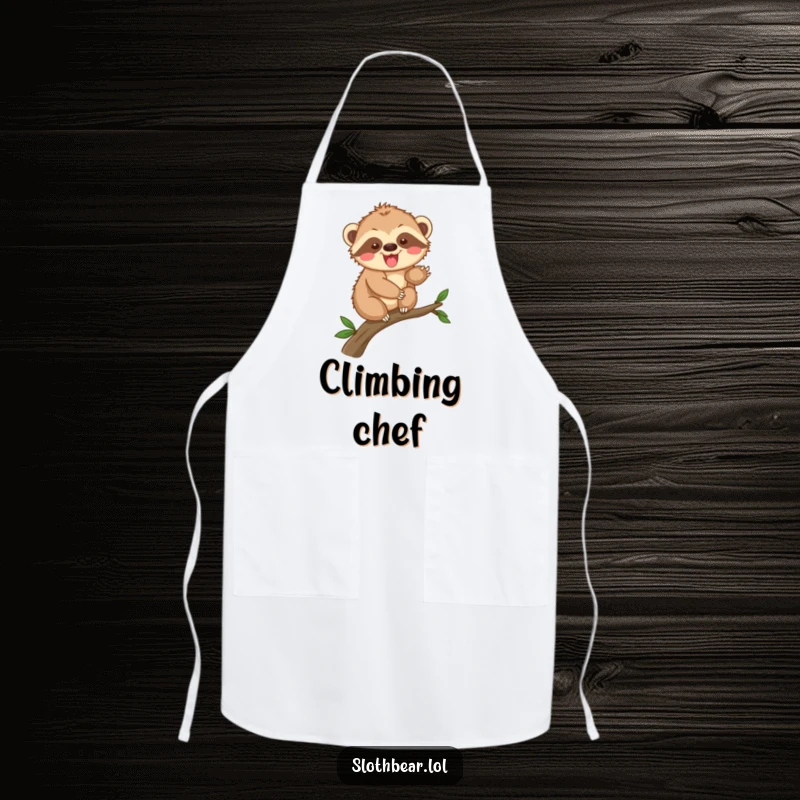 Funny sloth bear cub climbing apron, featuring a cub scaling a branch, ideal for kids who love adventure in the kitchen.