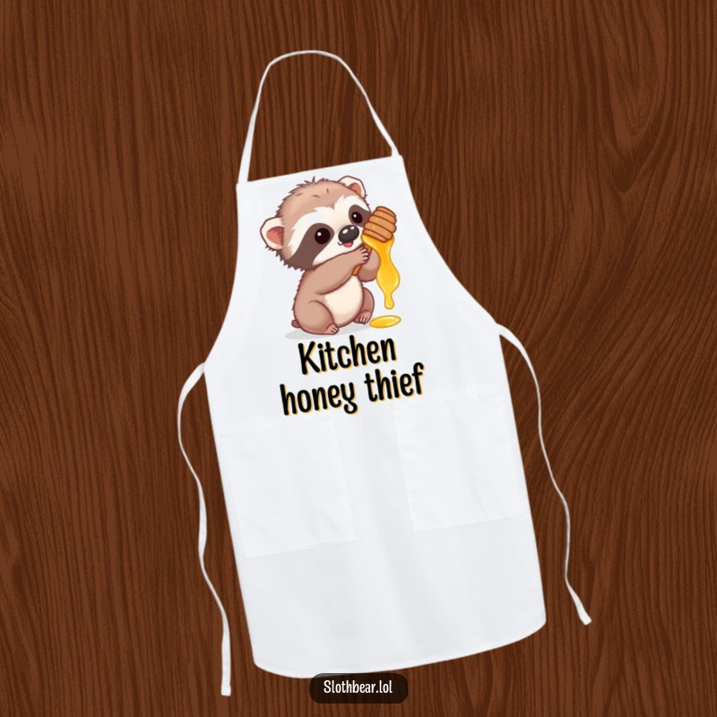 Funny apron showing a cute sloth bear cub playfully reaching for honey, perfect for cooking with sweet charm.
