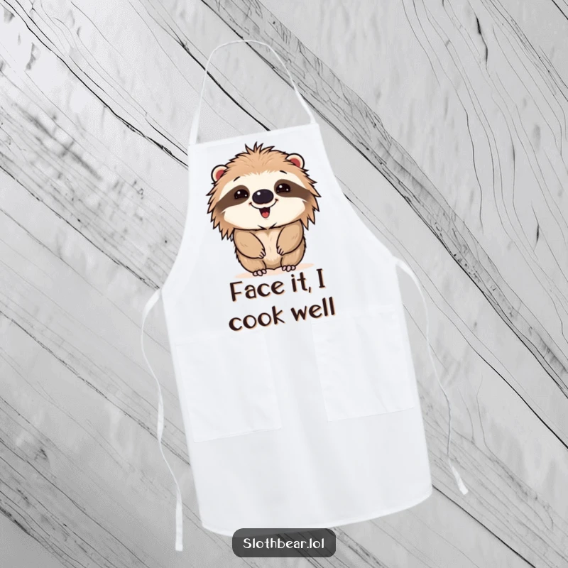 Funny apron showcasing a sloth bear making a comical face, ideal for kitchen tasks with a humorous and expressive theme.