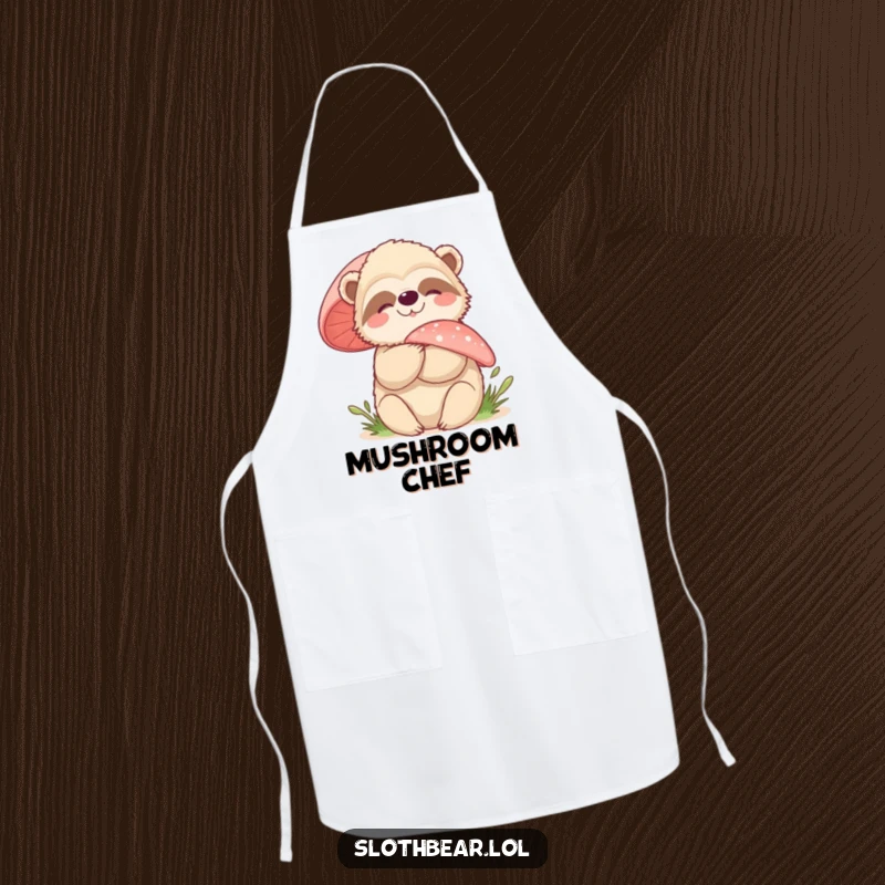Funny sloth bear mushroom hug apron, decorated with a character embracing a mushroom, ideal for nature-loving chefs.