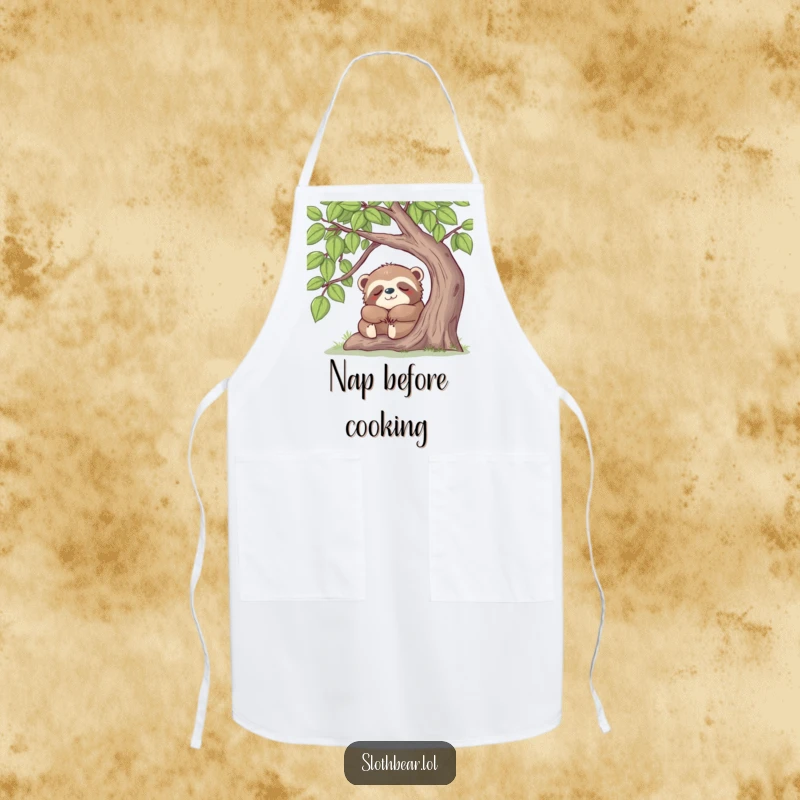 Funny sloth bear napping under a tree, depicted on a humorous apron for kitchen use and enjoyment.