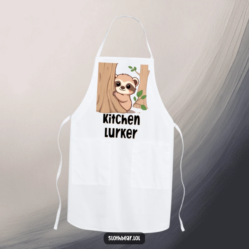 Funny apron graphic of a fuzzy-eared sloth bear peeking around a tree trunk, making kitchen tasks a playful game of discovery.