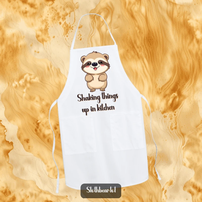 Funny apron showcasing a sloth bear performing a comical wiggle, ideal for kitchen tasks with a humorous and energetic theme.