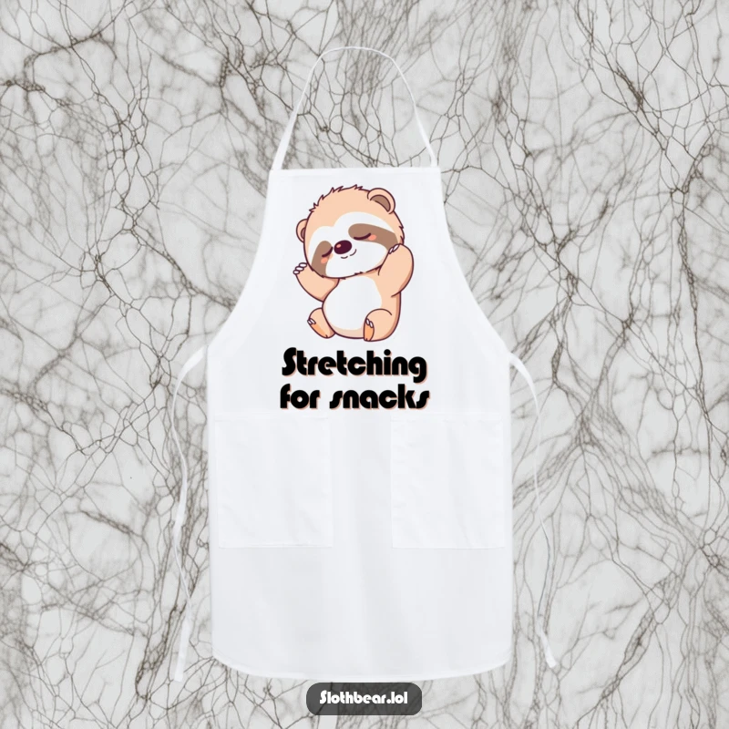 Funny Apron with a sloth bear character stretching after a nap, adding a relaxed humor to kitchen activities.