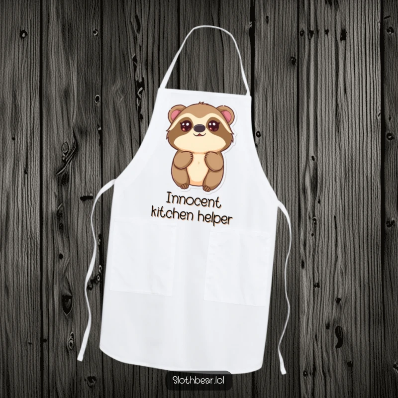Funny Kawaii Sloth Bear Apron showing a cute bear looking up with innocent eyes, great for a funny kitchen gift and sweet cooking.