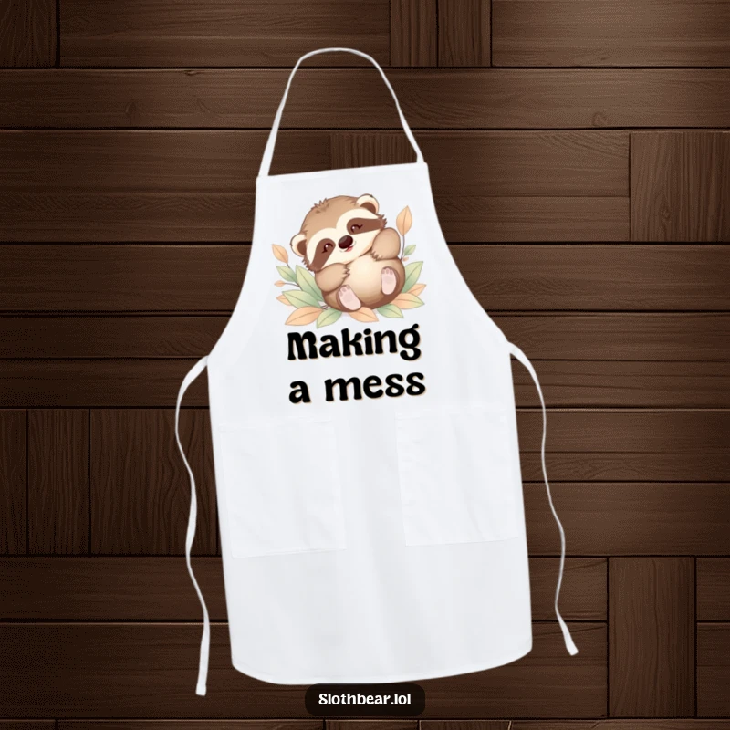 Funny apron design featuring a baby sloth bear tumbling playfully in soft leaves. Ideal for cooks who love cute and humorous designs.