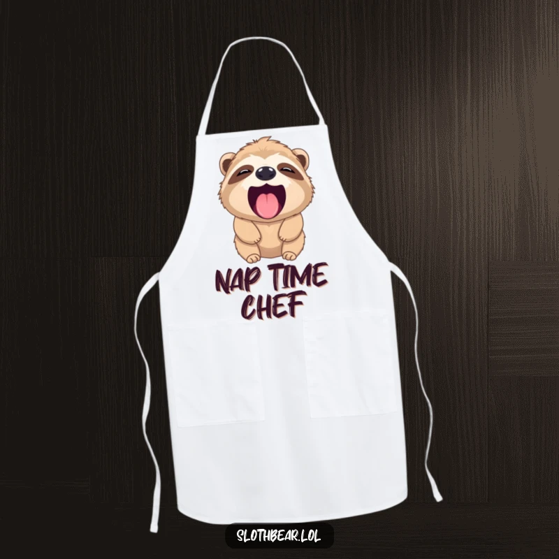 Funny sloth bear apron depicting a bear yawning widely with a tiny pink tongue, adding kitchen humor and protection.