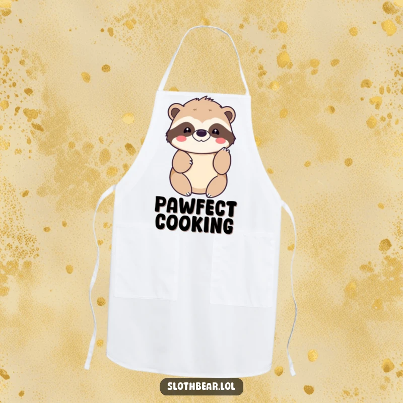 Funny kawaii sloth bear apron with a cute character offering a gentle paw tap, perfect for friendly kitchen vibes.