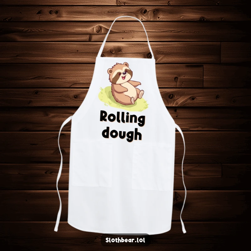 Funny sloth bear apron depicting a bear joyfully rolling down a grassy slope, adding playful humor to kitchen wear.