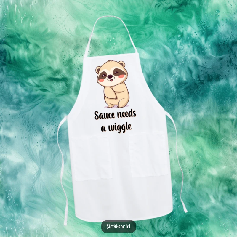 Funny apron featuring a sloth bear doing a slow, deliberate wiggle, making kitchen tasks more enjoyable.