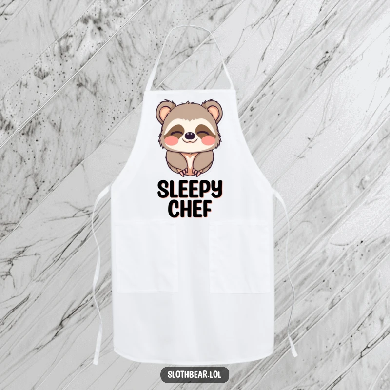 Funny apron decorated with a kawaii sloth bear character looking sleepy and giving a charming wink.