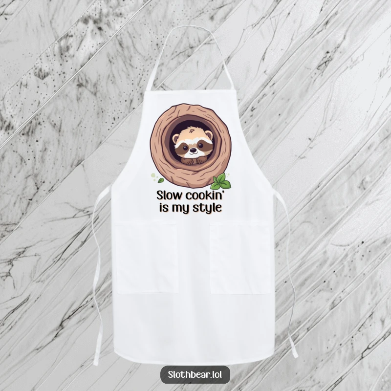 Funny sloth bear cub peeking from a hollow log, depicted on a kitchen apron, adding cute and humorous flair to cooking.