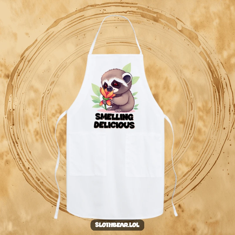 Funny sloth bear cub with a flower, depicted on a humorous apron for kitchen use and enjoyment.