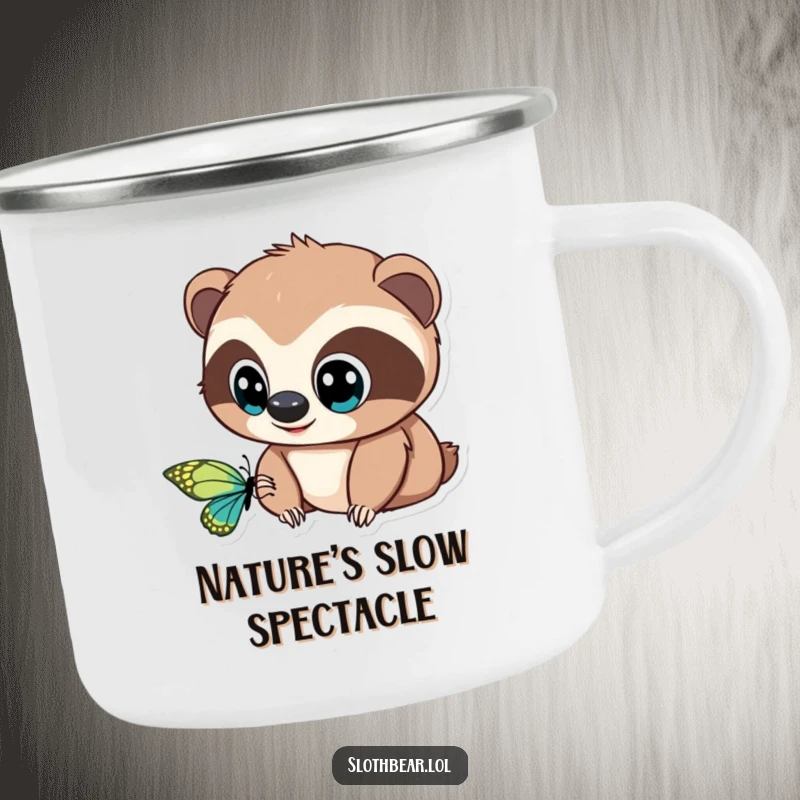 Funny Camping Mug: A sloth bear with wide, curious eyes watches a butterfly, perfect for enjoying nature's peace.