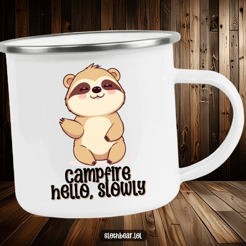 Funny Camping Mug: A sloth bear gives a slow, warm wave, exuding friendliness and a relaxed vibe in the outdoors.