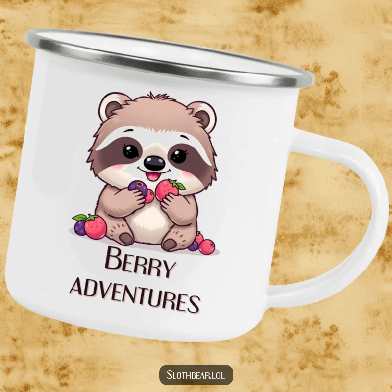 Funny kawaii sloth bear camping mug with a character enjoying digital berries, ideal for outdoor fun and humor.