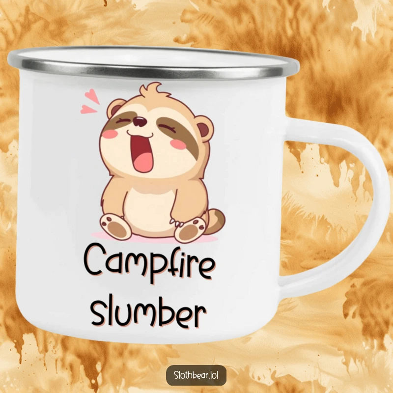 Funny camping mug with a sloth bear character yawning widely with a contented sigh, ready for relaxation.