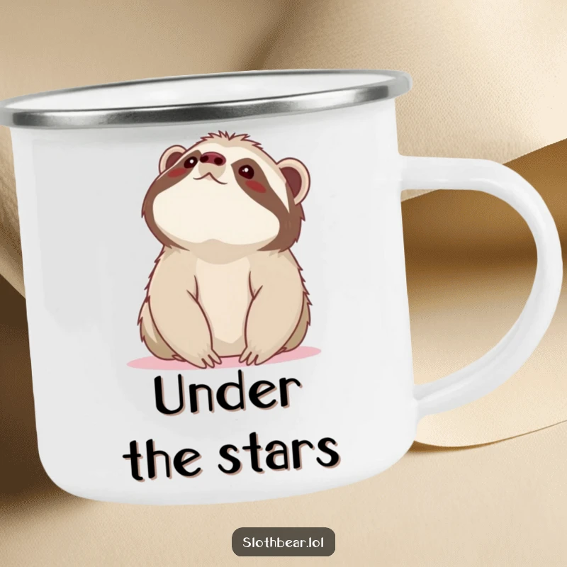 Funny sloth bear camping mug with a bear looking up at the sky, evoking wonder and humor for outdoor enthusiasts.