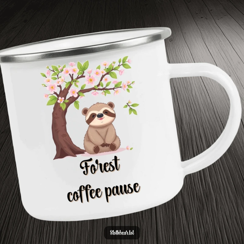 Funny sloth bear camping mug, under blooming tree, peaceful, outdoor fun, durable, humorous.