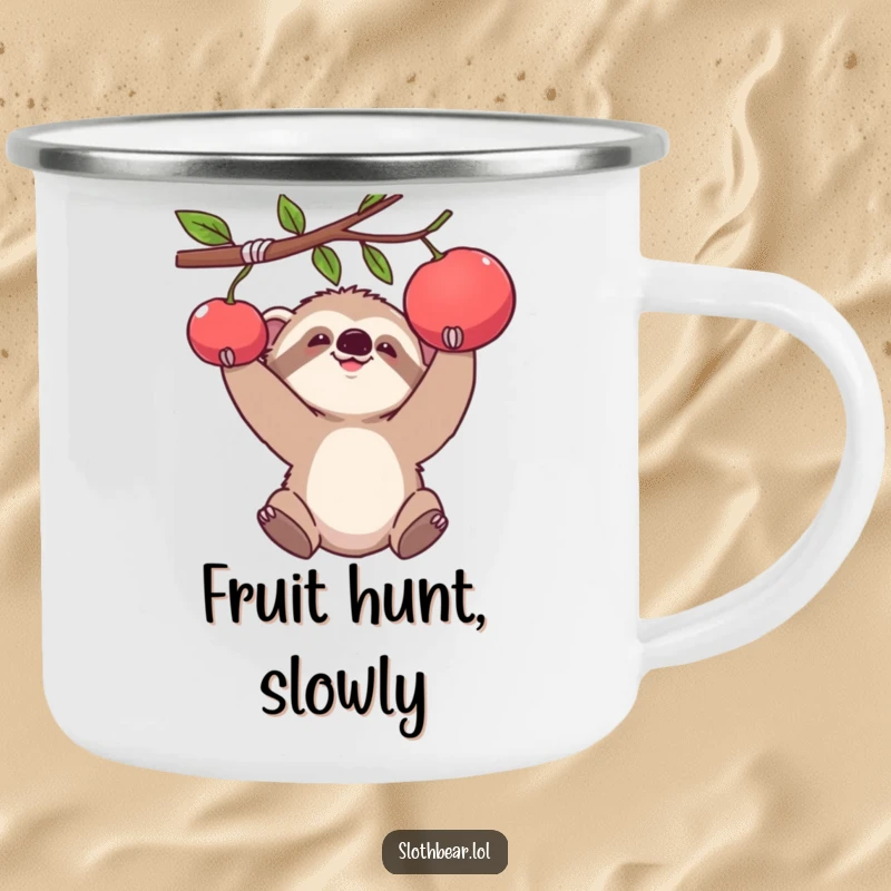 Funny camping mug with a baby sloth bear cub comically reaching for fruit, perfect for outdoor enjoyment.