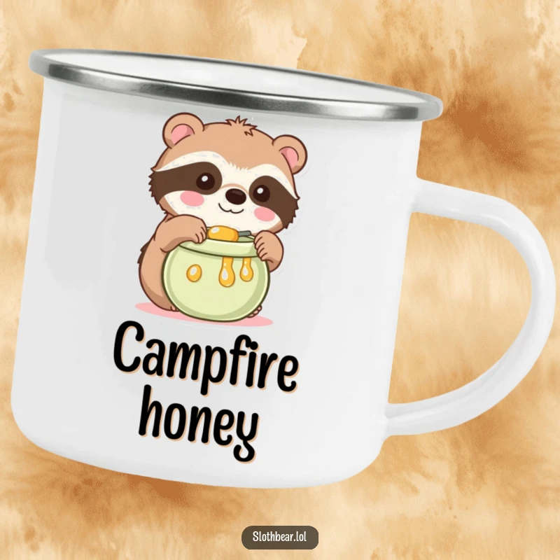 Funny Kawaii Sloth Bear Camping Mug showing a cute bear reaching for honey, perfect for outdoor sweetness and a funny gift.