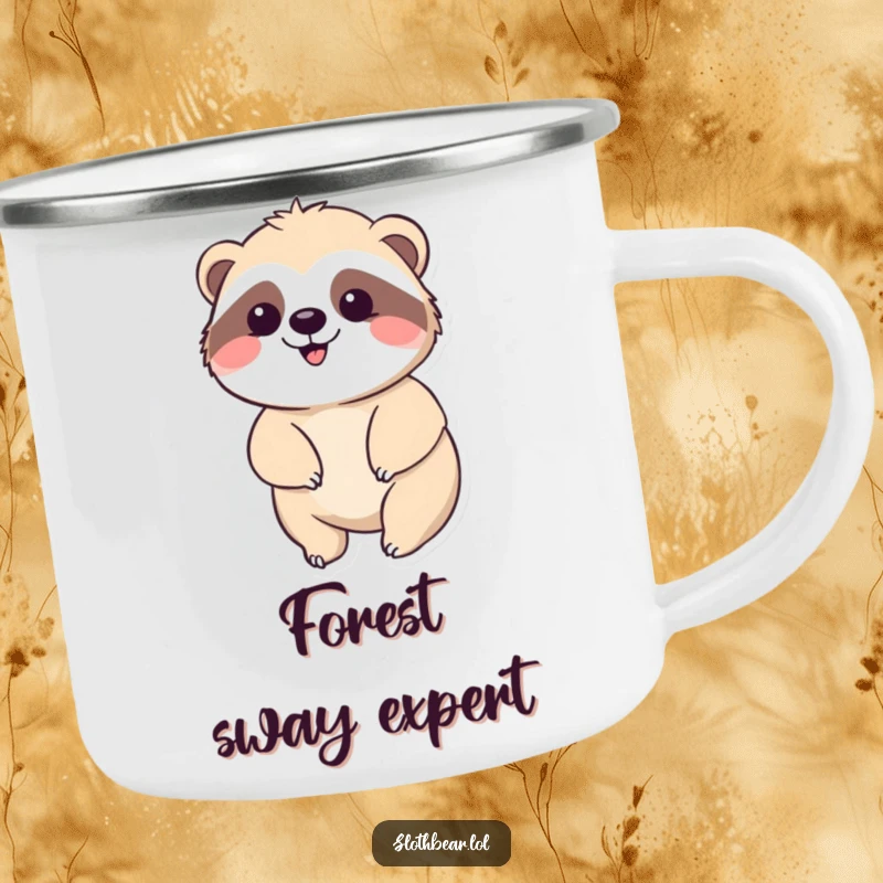Funny Kawaii Sloth Bear Camping Mug showing a cute bear peacefully swaying, perfect for outdoor relaxation and a funny gift.