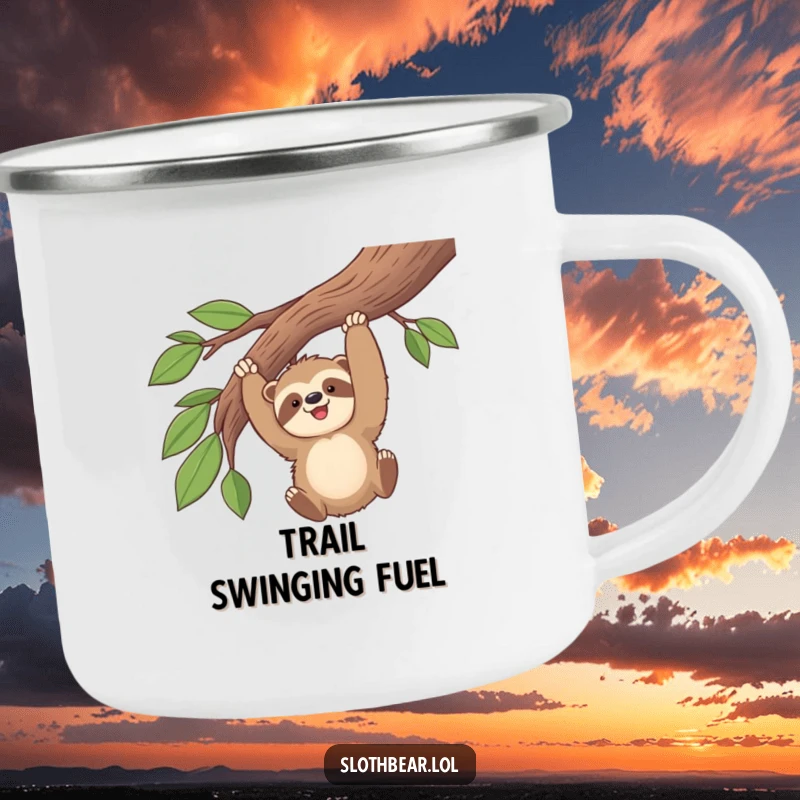 Funny kawaii sloth bear gleefully swinging from a branch on a durable camping mug, perfect for outdoor enthusiasts.