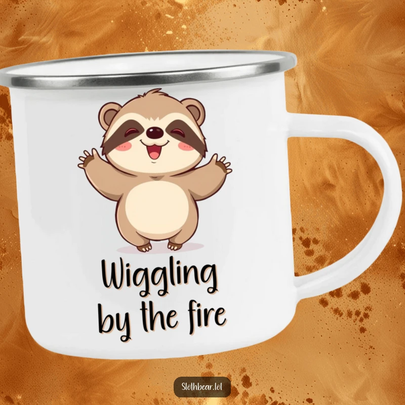 Funny camping mug: A kawaii sloth bear doing a slow, joyous wiggle, perfect for happy outdoor moments.