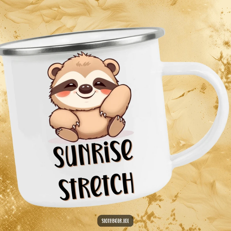 Funny camping mug with a sloth bear stretching lazily with a contented grin, embodying relaxation for any outdoor setting.