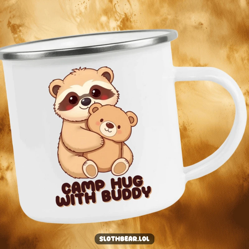 Funny Camping Mug with a kawaii sloth bear character hugging a fuzzy teddy bear, perfect for outdoor enjoyment and cozy vibes.