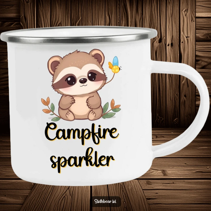 Funny sloth bear camping mug showing a bear with curious eyes watching a firefly blink on, for magical outdoor moments.