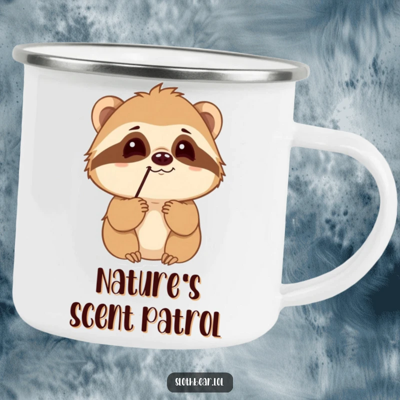 Funny Sloth Bear Camping Mug with a curious character sniffing the air, perfect for outdoor adventures and a sense of discovery.