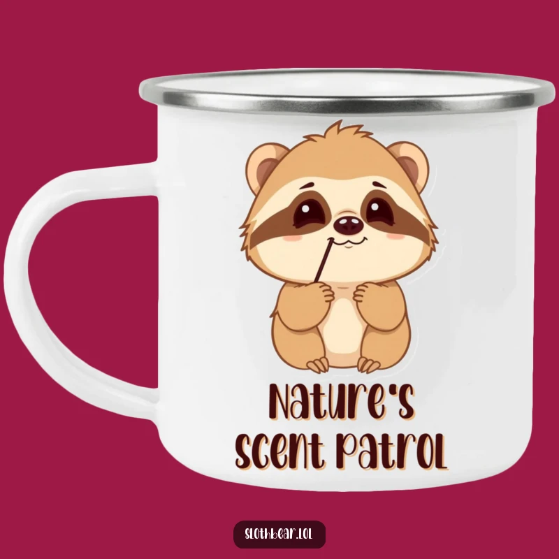 Funny Sloth Bear Camping Mug: Curious Sniffing Adventure, Outdoor Gift